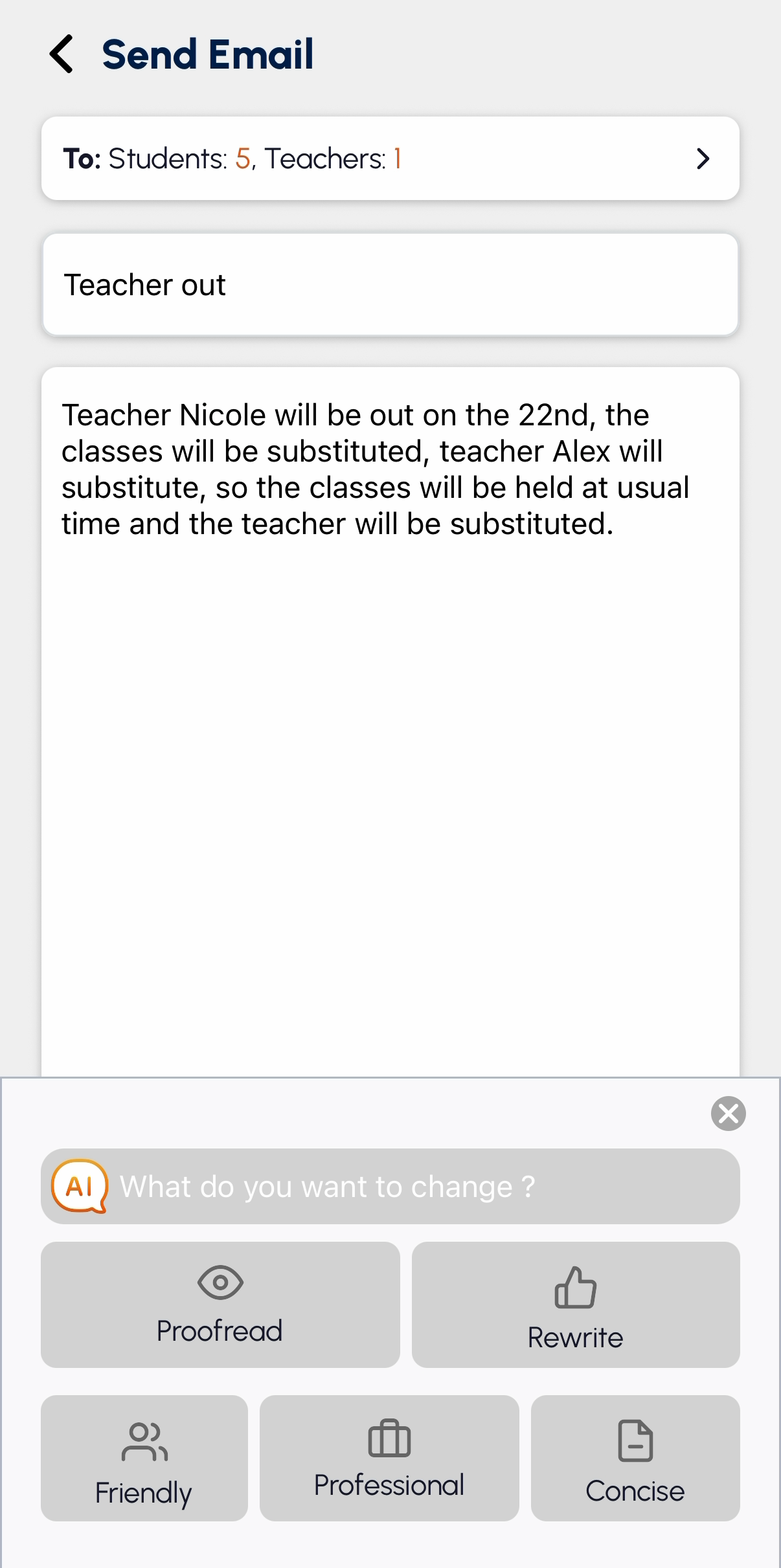 Email communication from the tutoring schedule