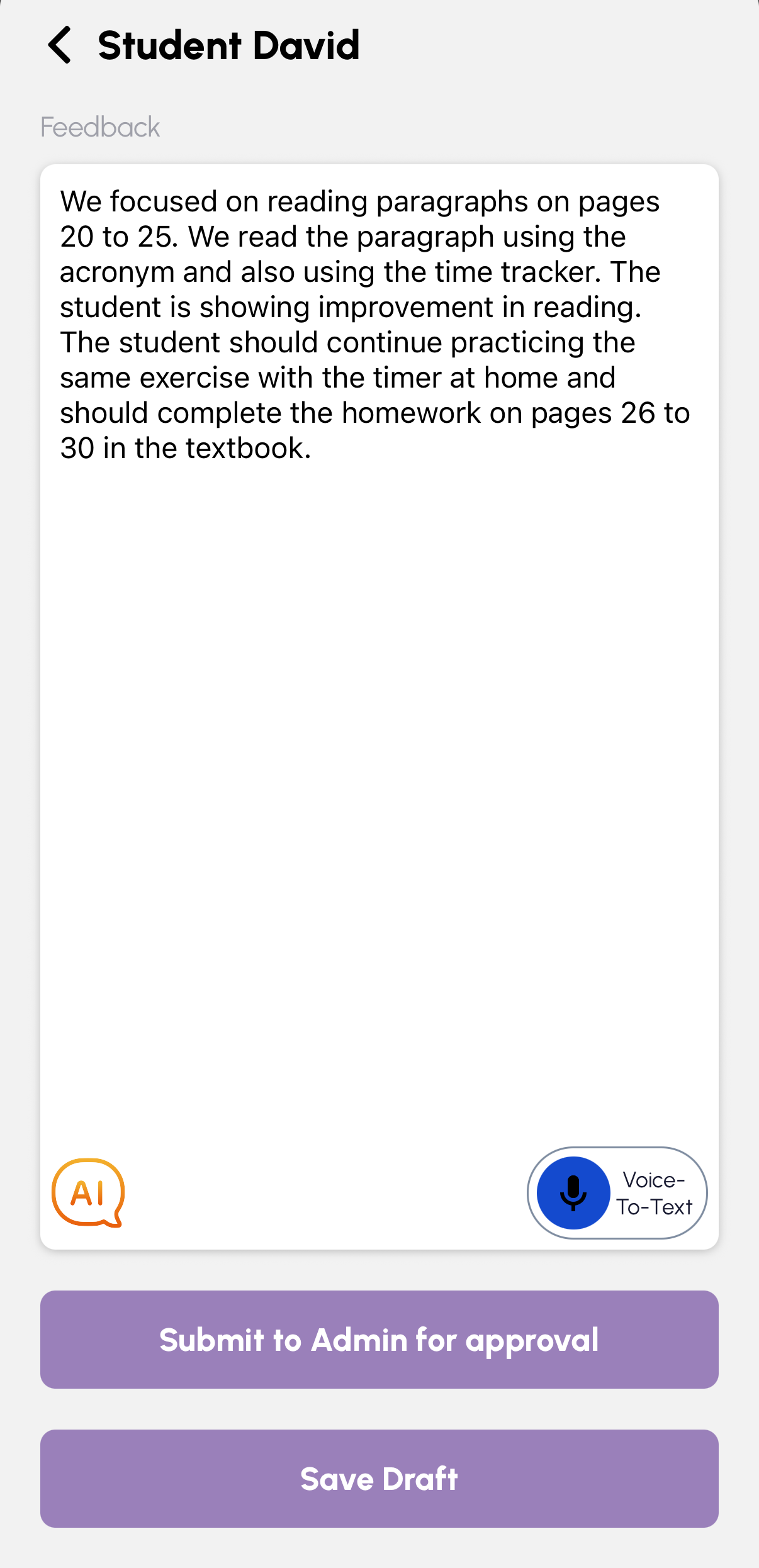 AI-assisted lesson feedback for a tutoring student