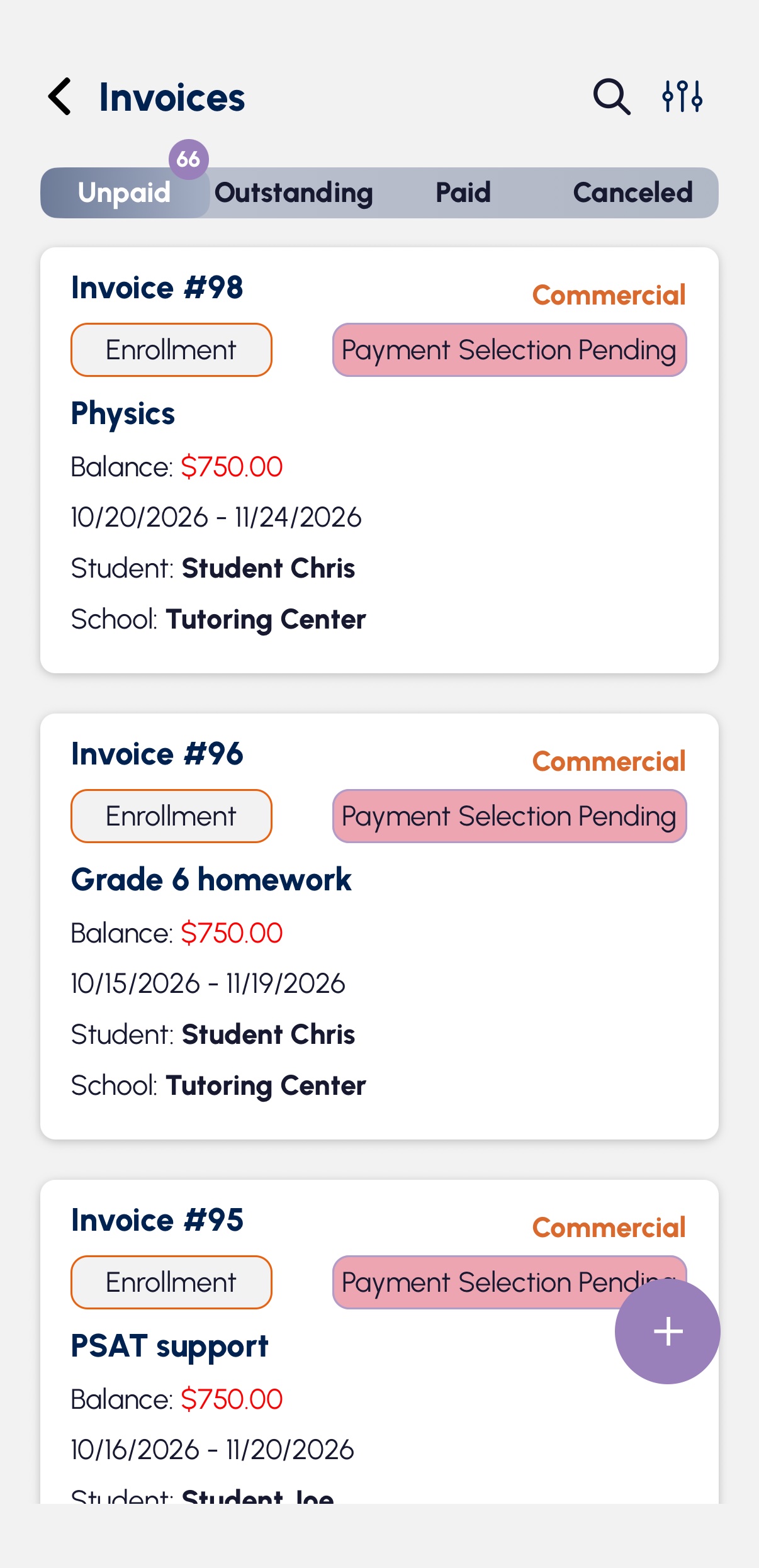 Track outstanding tutoring invoices on mobile