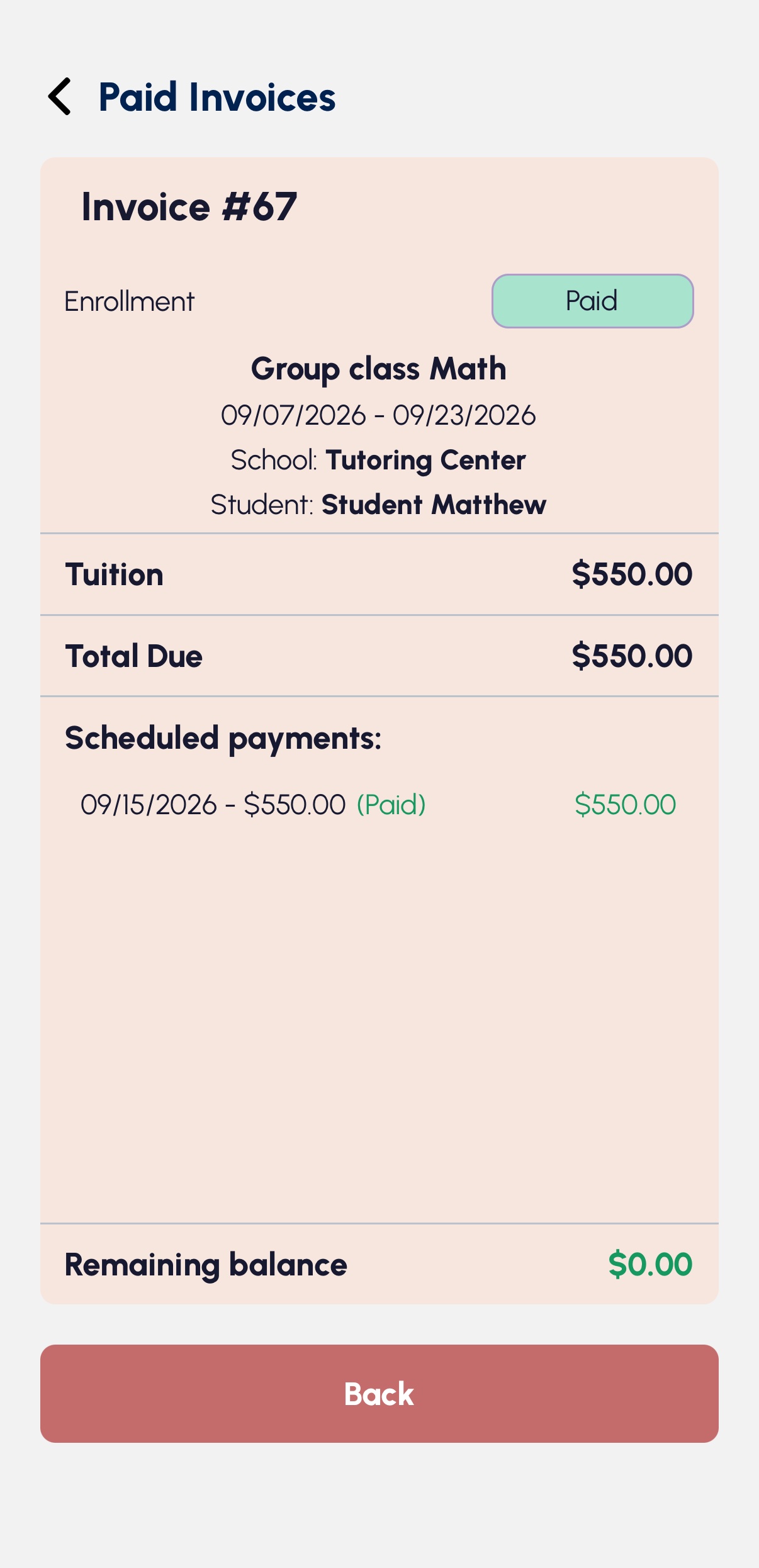 Review paid invoice and payment details on mobile