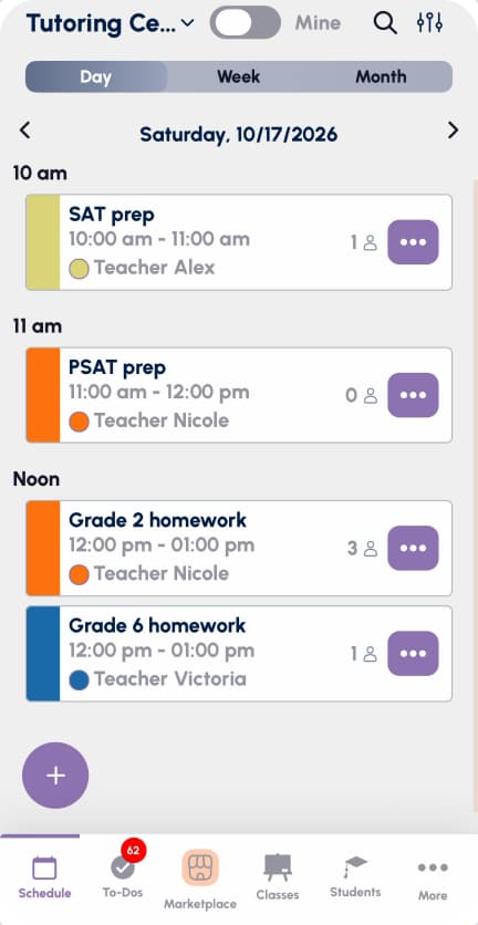 Day view of tutoring lessons on mobile