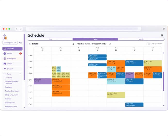 Weekly tutoring schedule calendar on desktop