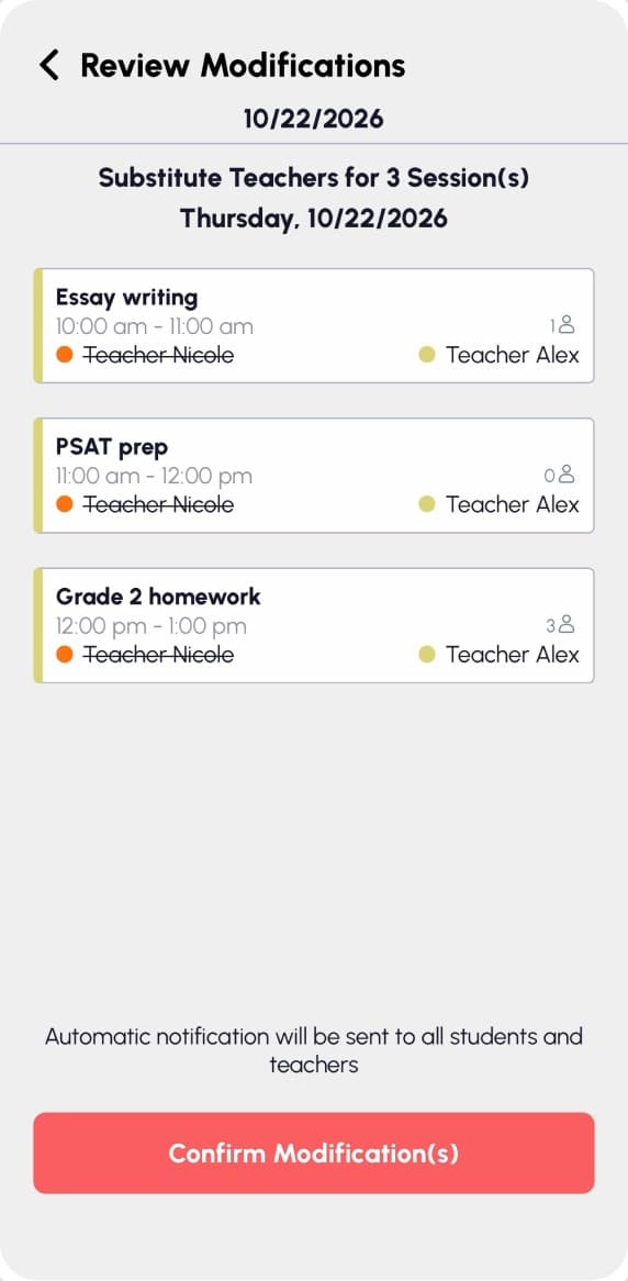 Review substitute teacher modifications before confirming