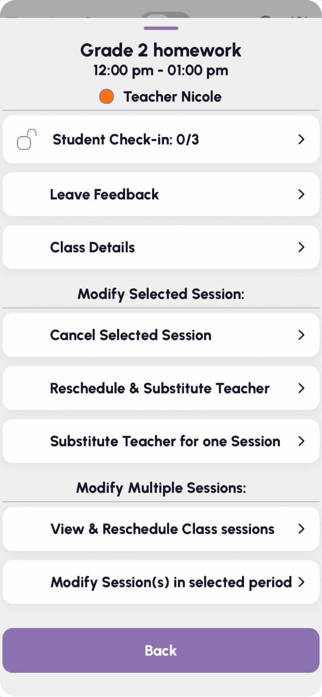 Tutoring session actions for rescheduling and substitute teachers