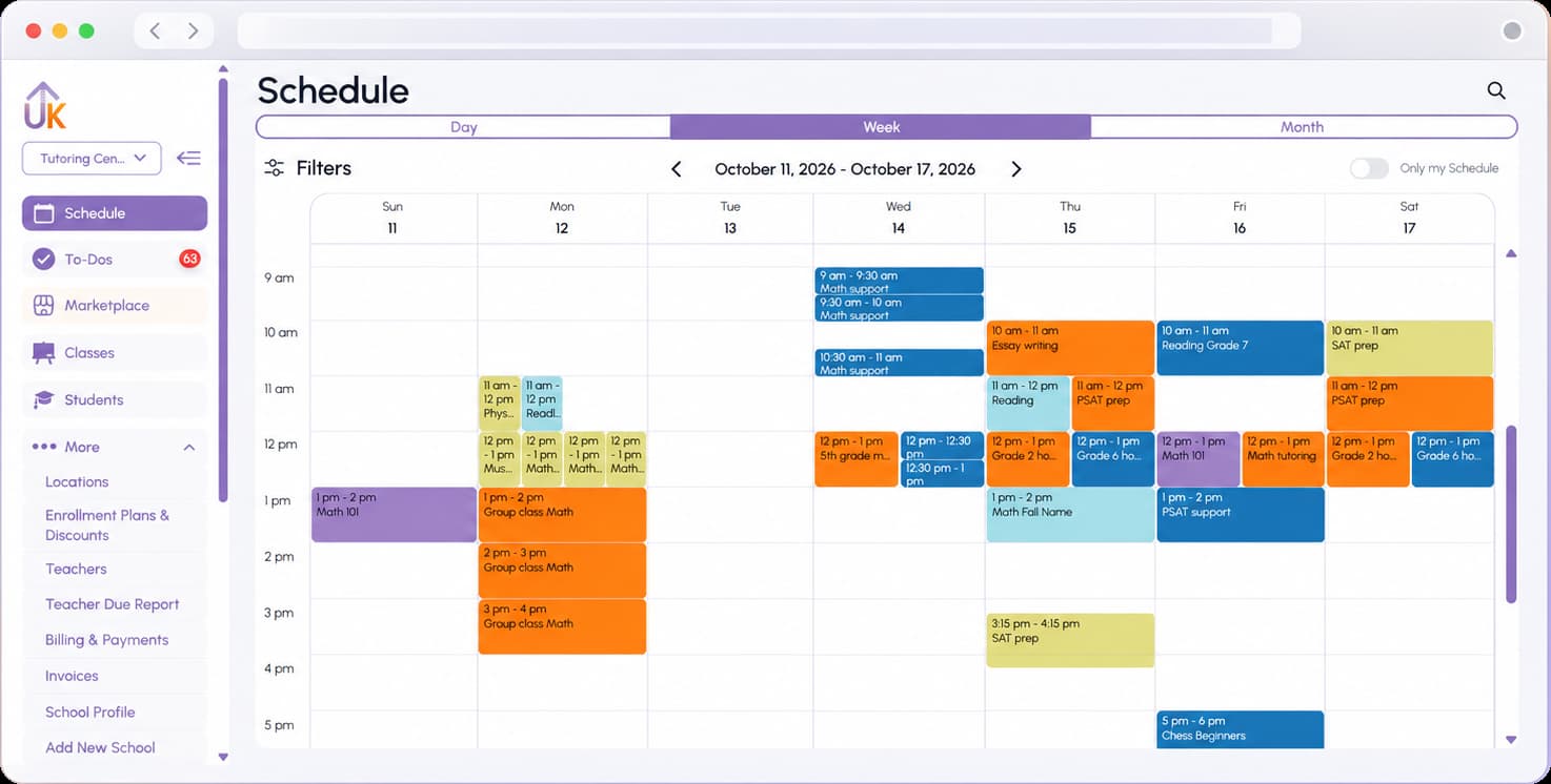 Tutoring center calendar on a desktop