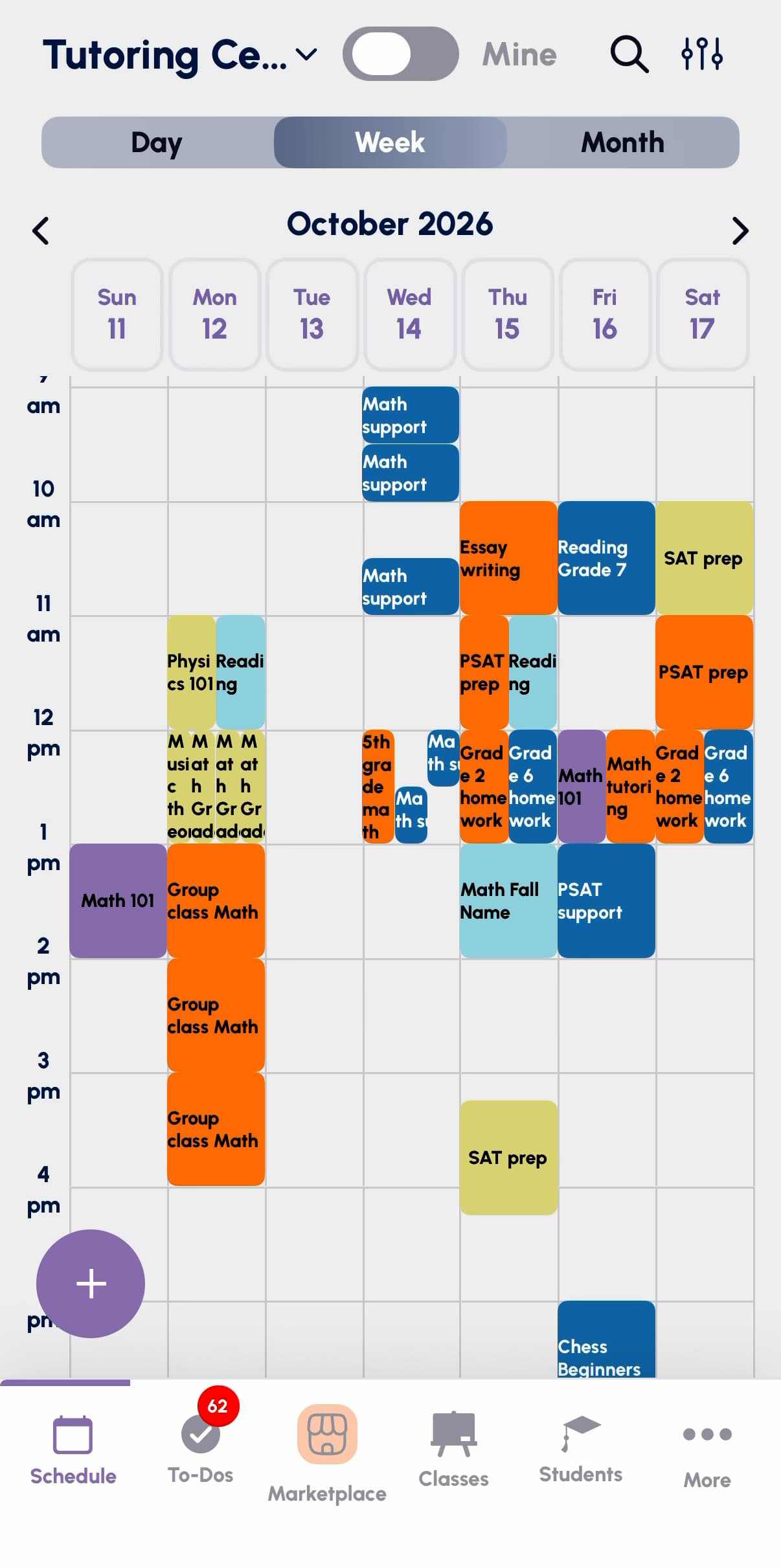 Tutoring center calendar on a phone